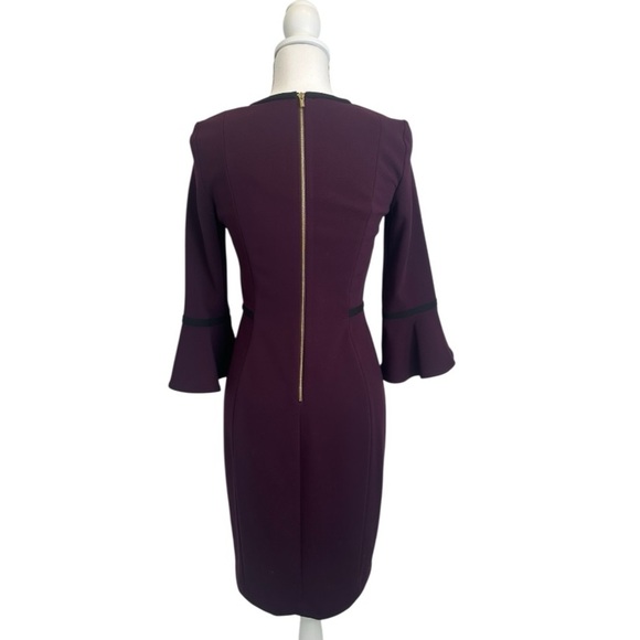Calvin Klein Women’s Plum Bell Sleeve Black Piping Trim Sheath Dress Size 4 - Picture 4 of 7